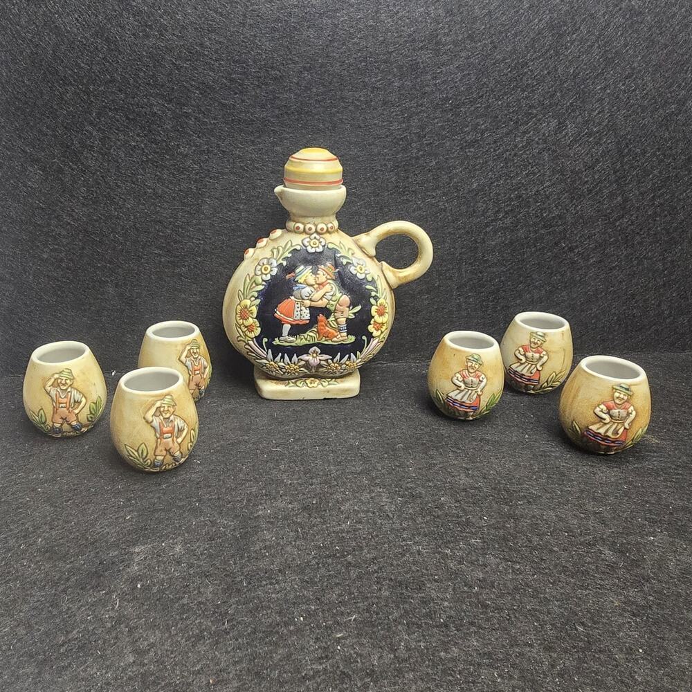 Vintage Ceramarte Brazil German Wine Set Pitcher And 6 Small Cups